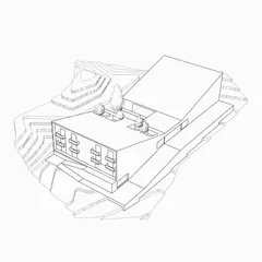 An axonometric line drawing of the community hall. This view shows the building's relationship with the terraced landscape and highlights features like the green roof and functional balconies that maximize daylight.