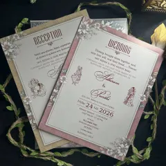 The inserts for a vintage floral suite. The reception and wedding cards use different colored borders but share the same fonts and illustrative style, creating a harmonious set.