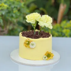 A little pot of love. This mini bloom cake is designed to look like a flower pot, with chocolate crumble "soil" and fresh carnations, making it a whimsical and sweet surprise.