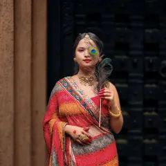 A moment of grace. This artistic portrait, taken for Navratri, uses traditional elements like the peacock feather and colorful saree to create a vibrant and culturally rich image.