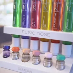 Our Kérastase Fusio-Dose bar, where personalization begins. With a range of concentrates and boosters, we can create hundreds of combinations to address any hair concern.