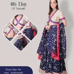 This collage details the royal blue lehenga set, showing the mirror work on the blouse, the elegant back design, and the flow of the printed skirt. It's a perfect blend of traditional motifs and modern style.