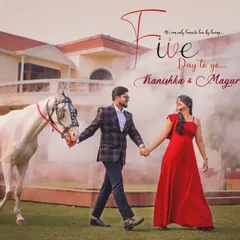 A fairytale-like pre-wedding shoot with a beautiful white horse, creating a romantic and dreamy "5 days to go" countdown image.