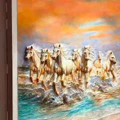 An angled view of the 7 horses mural, showing how the sculpted waves and horses stand out from the wall, creating a true 3D effect that a flat painting cannot achieve.