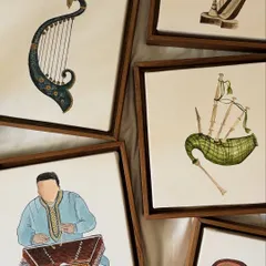 A collection of my miniature paintings from 'The Twenty-Fifth Note' series, celebrating the soul of music. The series includes detailed renderings of various instruments, from the Indian santoor and tabla to the Scottish bagpipes and the classical harp.