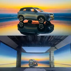 For this Hyundai Creta commercial, we utilized our advanced virtual production services. The bottom image shows our LED wall setup creating a hyper-realistic salt flat environment, while the top image is the final, seamlessly integrated shot of the car.