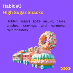 Habit #3: High Sugar Snacks. Hidden sugars in snacks cause insulin spikes, energy crashes, and cravings, creating a hormonal rollercoaster that is particularly damaging for women with PCOS.