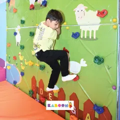 Conquering the farm-themed climbing wall! It's a fun challenge with a soft landing.