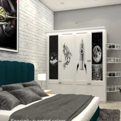 A room for a space explorer. The wardrobe doors are customized with astronaut and rocket graphics, turning everyday storage into a launchpad for imagination.