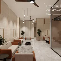 The lobby of the Shilpa Rathna Apartment Clubhouse, designed to be a refined and welcoming entrance. I used a palette of neutral tones, warm wood accents, and comfortable seating to create a sophisticated first impression for residents and guests.