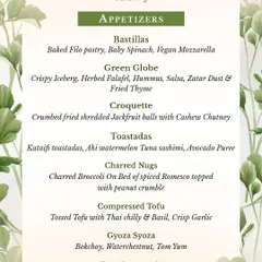 A sample of our customized vegan appetizer menu. It features creative dishes like Baked Filo Pastry with Vegan Mozzarella, Jackfruit Croquettes, and Compressed Tofu.