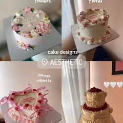 A collage showcasing some of my favorite aesthetic cake designs. It includes petal flowers, vintage floral piping, a coquette heart cake with ribbons, and a two-tiered vintage-style cake.