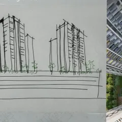 A project begins with a single line. This image juxtaposes a rough initial sketch of a building's form against a detailed rendering, illustrating the journey from a simple concept to a fully realized architectural vision.