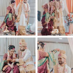 Key moments from a Maharashtrian wedding ceremony, including the varmala exchange and rituals around the sacred fire.