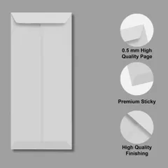 An infographic for an envelope highlighting its features like 'High Quality Page', 'Premium Sticky', and 'High Quality Finishing' with visual close-ups.