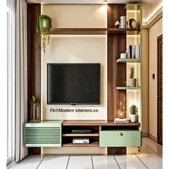 For this compact living area, I used a mix of mint green and dark wood to create a fresh, unique look. The asymmetrical design with vertical shelving adds a playful touch while offering practical space for books and decor.