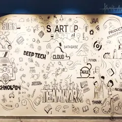 This is my signature black-and-white doodle art, created for the office of a tech startup. The design is filled with icons related to their work, including themes of teamwork, cloud technology, coding, and product engineering, making the wall a true reflection of their company culture.