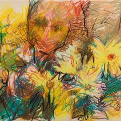 Reba Hore's work is wonderfully expressive and emotional. This piece, created with oil pastels, has the raw, immediate energy of a sketch, capturing the essence of flowers with vibrant, gestural marks.