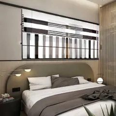A bold, graphically striped window blind becomes the visual anchor in this bedroom. The design is complemented by a curved, muted gray headboard and warm wood slat details, creating a contemporary yet cozy retreat.
