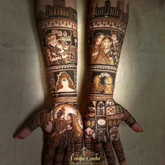 A story of two cities and a lifetime of love. This custom design features the skylines of Kolkata and Mumbai, portraits of the bride with her father, mother, sister, and grandparents, and even a depiction of Lord Shiva. It’s a beautiful tribute to her journey and her family.