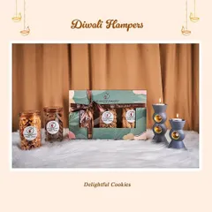This delightful cookie hamper is perfect for Diwali. It includes a variety of our freshly baked cookies, presented in jars and a beautiful gift box.