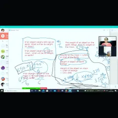 This screenshot shows how we tackle a complex physics problem during an online class. We are calculating an object's weight on the moon, and you can see the step-by-step breakdown of the formula and calculations on the digital whiteboard.