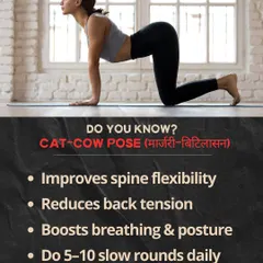 The Cat-Cow Pose (Marjariasana-Bitilasana) is a simple yet powerful movement for spinal flexibility. I guide teams through this pose to relieve tension in the back and neck, making it a perfect break from sitting.
