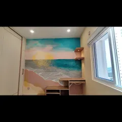 Waking up to a dreamy seascape every morning. I painted this custom mural to bring a sense of calm and the gentle motion of the ocean into a bedroom, creating a peaceful personal retreat.