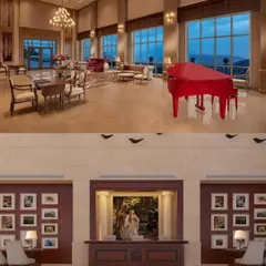 The grand lobby and reception area of ITC Tavleen, Chail. I designed these public spaces to create a powerful sense of arrival, using high ceilings, classical furniture, and a striking red piano to evoke a feeling of warmth and opulence.