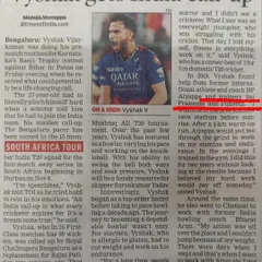 A newspaper feature on Vyshak's journey to the Indian cricket team, highlighting how he overcame challenges with the help of our trainers to build his stamina and endurance.