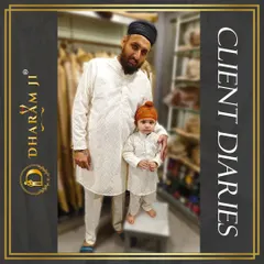 Creating matching outfits for fathers and sons is one of the most special things I do. These coordinated white kurta sets are all about making memories that last a lifetime.