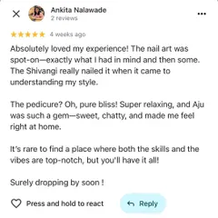"Top-notch skills and vibes." This client loved that we understood her style for the nail art and describes her pedicure as pure bliss. We strive to deliver on both quality and experience.