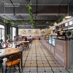 Step into a world of elegance at Amelia, where every corner tells a story of refined design and modern luxury. The geometric flooring and hanging greenery create a lasting impression for this cafe.