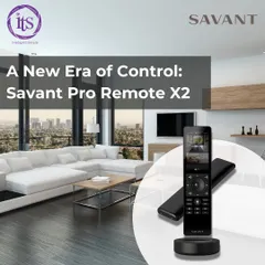 The Savant Pro Remote X2 is displayed in a modern, luxurious living room, showcasing how our technology blends seamlessly with high-end interior design. This single remote offers personalized control over your entire home environment.