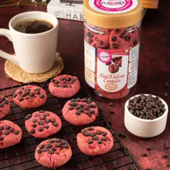 The vibrant color of these red velvet cookies is the star of the show. I used a contrasting red background and a cooling rack to create a "freshly baked" feel.