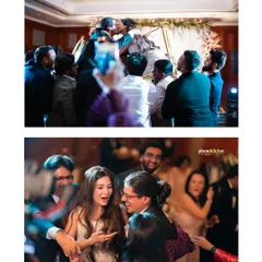The newly married couple is lifted by their friends in celebration, followed by a candid moment of joy on the dance floor.