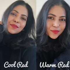 Did you know that the undertone of your lipstick can dramatically change your look? Here you can see the difference between a cool red and a warm red on my skin. I help clients discover their personal color palette to brighten their entire appearance.