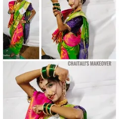 A collage showing a vibrant, multi-colored Nauvari saree I draped for a traditional look competition. This style is perfect for dance performances or grand cultural events.