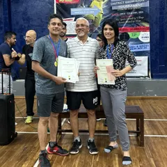 Coaches Sushant Shetty and Akshay Kadam with their medals and certificates after a victory at the TSF Mumbai District Badminton Tournament. We are proud of our entire coaching team's achievements.