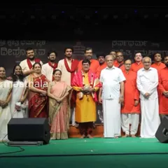 Our group on stage after a devotional program held at Dharmsthala. It is an honor to share our music at such spiritual gatherings.