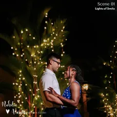 A quiet moment together amidst the celebration. The couple shares a smile against a backdrop of firefly lights, a simple yet magical setting that highlights their love.