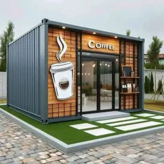 This modular coffee shop, built from a shipping container, combines industrial style with a warm, inviting facade. It's a turnkey solution for entrepreneurs looking to start a café business quickly.