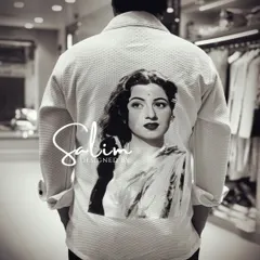 A custom hand-painted shirt featuring a portrait of the legendary actress Madhubala. This black and white design on a textured white shirt is a great example of wearable art for a more casual but stylish look.