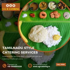 Experience the authentic taste of Tamil Nadu with our traditional cuisine. This image shows a complete meal on a banana leaf, featuring poori, rice, a banana, and a variety of side dishes, representing a hearty and traditional feast.