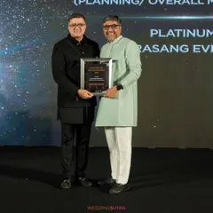 Receiving the Platinum Award at the WeddingSutra Influencer Awards 2024. This honor, for the wedding of Riya & Sherin of the Nirma Group, reflects my commitment to managing large-scale, high-profile celebrations.