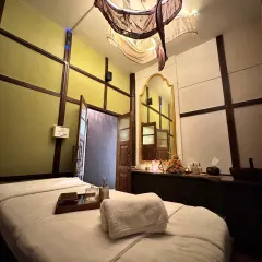 This is one of our uniquely designed treatment rooms at the new IOSIS Luxe Wellness Centre in Guwahati. The decor blends modern comfort with traditional elements, creating a warm and inviting atmosphere for your spa experience.