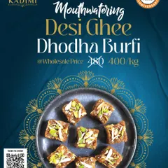 Mouthwatering Desi Ghee Dhodha Burfi. A top-down view of our delicious Dhodha Burfi, garnished with pistachios. Made with pure desi ghee, it's a rich and satisfying treat.
