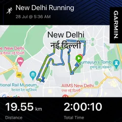 The map and stats from a nearly 20km long Sunday run. We cover significant distances through New Delhi as part of our marathon training block.