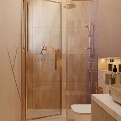 A detail shot of the rose gold-framed glass shower door, highlighting the quality of fixtures and the clean, modern design.