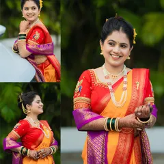 A collage of a radiant Maharashtrian bride in a vibrant orange and purple saree, showcasing her happy smiles and elegant poses.